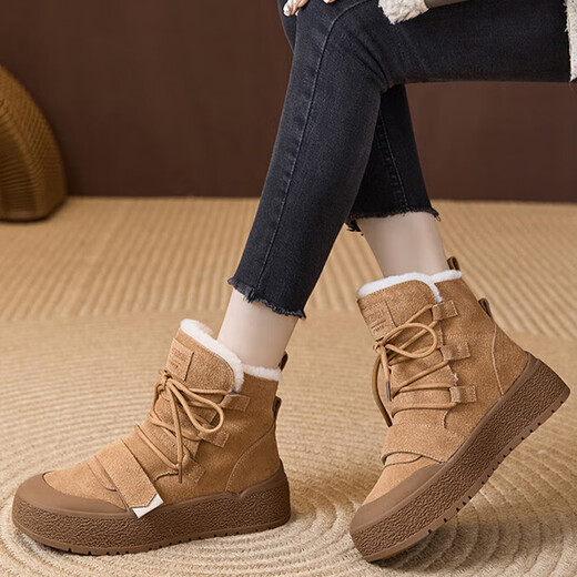 Nosskiss Luxury High-End-Marke Matte Leder Schneestiefel für Frauen 2025 Neue Wolle und Samt warme runde Zehe Casual Stiefel Kamelfarbe [Verdickte Wolle Innenfutter] 37