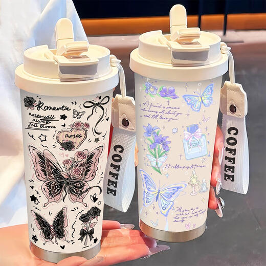 膳魔师（THERMOS）简约蝴蝶保温杯不锈钢便携双饮咖啡杯2025新款女吸管水杯子高颜值 BW1048蔚蓝蝴蝶+配挂绳 陶瓷内胆
