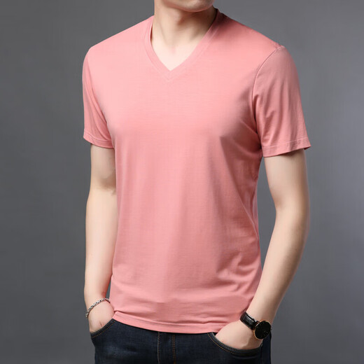 
HaiLan Home (HLA) Summer Men's Short Sleeve T-Shirt Modal Solid Color V Neck Ice Wire Thin Middle-aged Casual Cotton T-Shirt Top 9901-Gray One Size 180