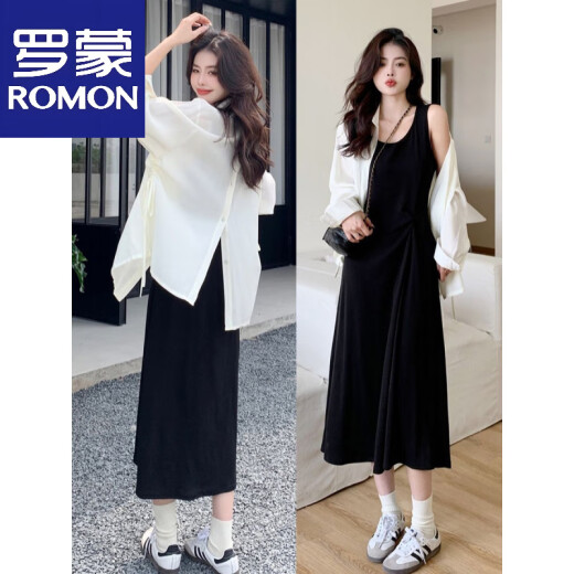 罗蒙（ROMON）小众简约夏装设计感遮肚衬衫防晒外套加背心裙两件套中长款连衣裙 米杏色衬衫+黑色裙子【两件套】 M 80-100斤