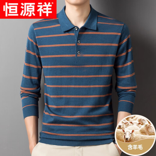 Hengyuanxiang wool-containing long-sleeved T-shirt for men's spring and autumn new striped knitted base shirt middle-aged daddy suit men's top HXS-5012 dark green M 165