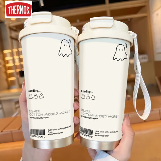 膳魔师（THERMOS）可爱幽灵保温杯高颜值学生不锈钢便携新款双饮咖啡男女吸管水杯子 BXAB13792幽灵黑+配挂绳 陶瓷内胆