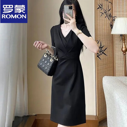 Romon (Romon) 25 Nuevo verano Nuevo vestido de manga corta con cuello en V que abraza la cintura delgada y delgada temperamento de desgaste profesional de la pequeña falda negra de longitud mediana M adecuada para 96-106Jin [Jin es igual a 0.5 kg]