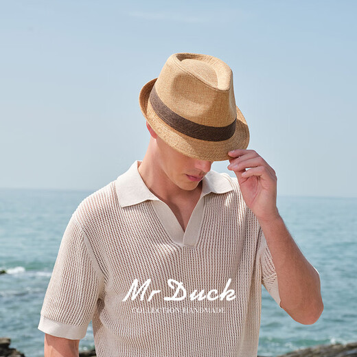 Mr DUCK高档男士帽子 英伦绅士帽卷边小礼帽爵士帽 夏天防晒草帽大小头围 MS13014-棕色 (可调节帽围） M (适合56-58cm头围)