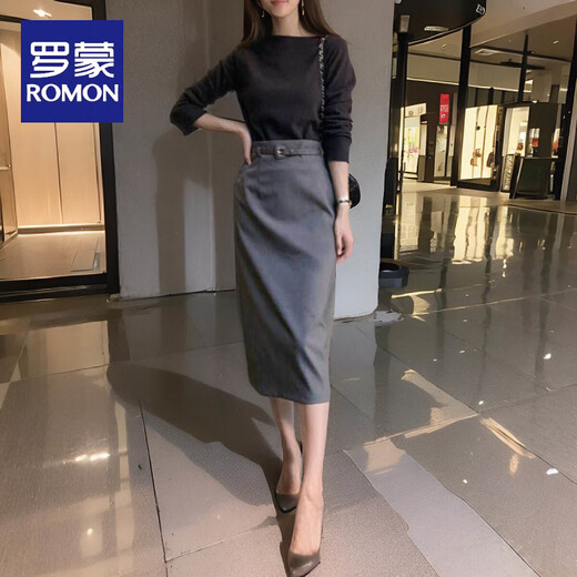 Romon (Romon) 2025 Summer Commutation élégante Ol Suit Jirt Slim Jupe crayon française Tempérament coréen Version coréenne Jupe en une étape Gray (y compris la ceinture d'origine) S suggéré 80-93Jin [Jin est égal à 0,5 kg]