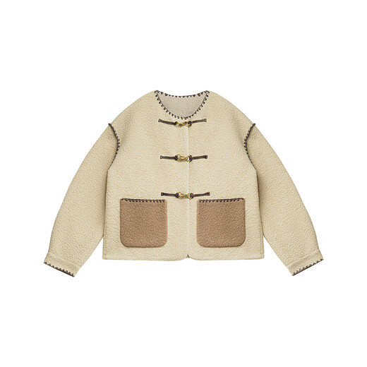 LE BEMIO line drawing studio Costatopia high-quality wool handmade shell embroidery contrasting color lamb wool jacket milk tea color pre-sale XS