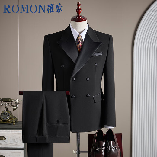 ROMON suit + vest + trousers suit suit men's professional formal wedding dress wool jacket black XL