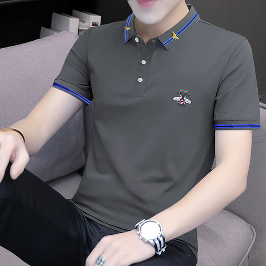 JEEP SPIRIT high-end trendy brand bead floor cotton embroidered Polo shirt men's slim short-sleeved T-shirt summer lapel top breathable half-sleeved S5012 model blue L suitable for 115-130Jin [Jin equals 0.5 kg]