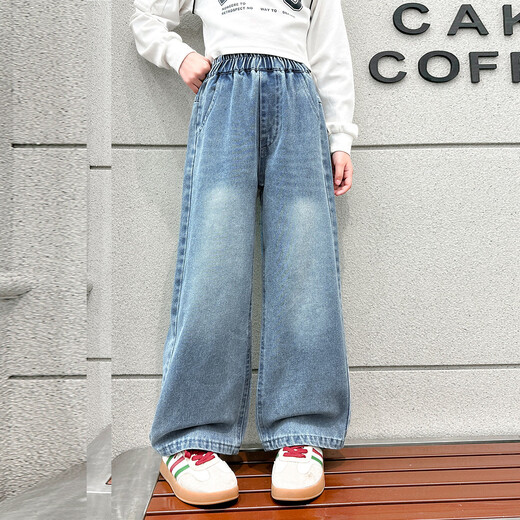 Hölzerne Holzhaus Mädchen Hosen Kinder Casual Hosen Jeans Spring- und Herbstkleidung mittelgroß und große Kinder lose geradlinige Weitbeinhosen Blau 130