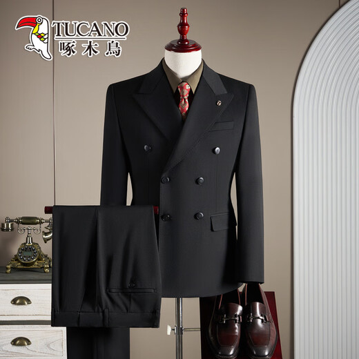 Woodpecker double-breasted wool suit men's suit business formal high-quality slim large size groom's wedding suit three-piece black suit + trousers XL (125-140Jin Jin equals 0.5 kg)