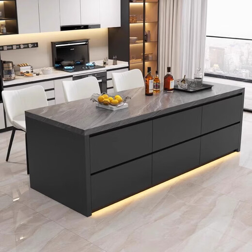 Feilunle light luxury slate central island dining table integrated with sink kitchen flush inverted table home high-end western kitchen central guide bar 1.6 meters + storage sink socket induction cooker light strip