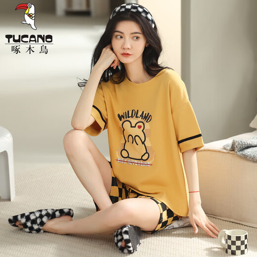 TUCANO; Woodpecker Summer Women's Short Sleeve Cotton Plaid Pajama Set Summer Pure Korean Style Home Clothes Can Be Cartoons Outside Y9858 M (Suggested 75-95Jin [Jin equals 0.5 kg])