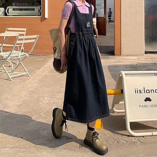 Retro age-reducing denim strap skirt for women spring and summer large size fat mm Korean style student cute embroidered suspender dress blue and gray [MY-8858] S