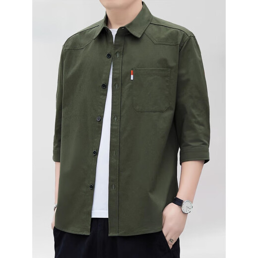 Kooshi Luxus reines Baumwoll-Kurzärmel-Hemd Herren Sommer 500-7-viertel-Ärmel Arbeit Top Casual halbärmelige Hemdjacke Herren Q6626 Khaki M [90-110jin [Jin gleich 0,5 kg]]]