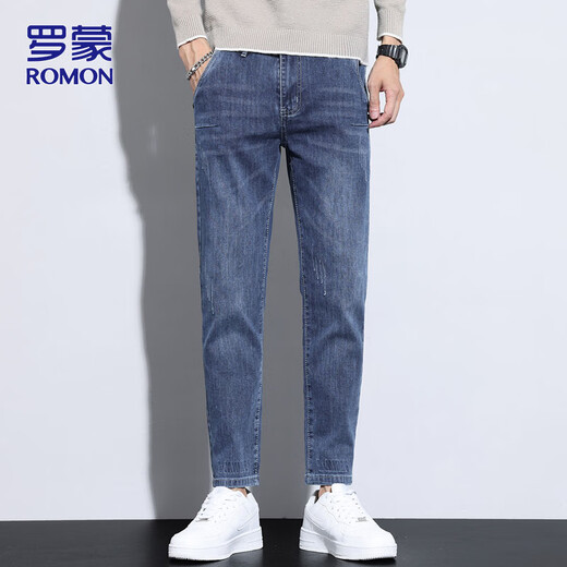 罗蒙（ROMON）牛仔裤男秋冬季休闲裤男士修身小脚百搭九分裤子男裤 蓝灰色 32