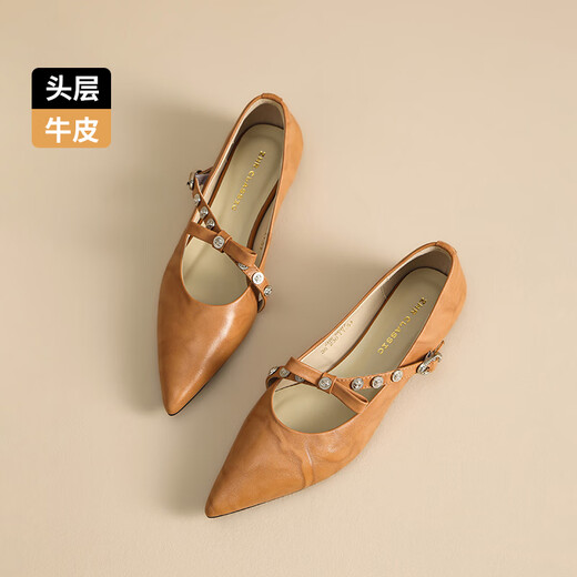 ZHR头层牛皮玛丽珍女鞋百搭时尚饰扣软底浅口单鞋女 S687 杏黄 39