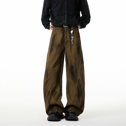 IZEXX American retro tie-dye scimitar pants men's autumn straight loose wide-leg casual overalls KY56 coffee color L