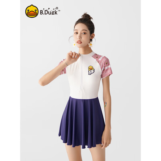 B.Duck【新品】泳衣女显瘦遮肚连体裙式长袖新款感保守防晒学生游泳衣 1049蓝色 M
