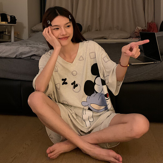 Modal-Pyjama für Damen, wendbar, sommerlich, neu, V-Ausschnitt + Rundhals-Kurzarm-Shorts, süßes Homewear-Set 9901w# Sleepy Mickey XL