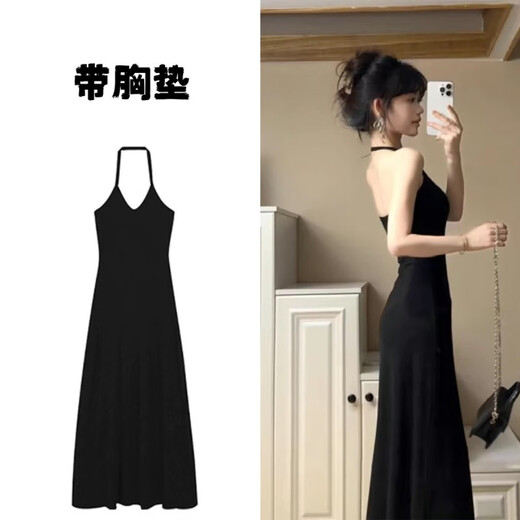 XIANXIU 1391 Vestido de cabestro de cuello estilo recompra para mujeres en verano negro con cintura con almohadilla de pecho de falda larga (con almohadilla de pecho) s