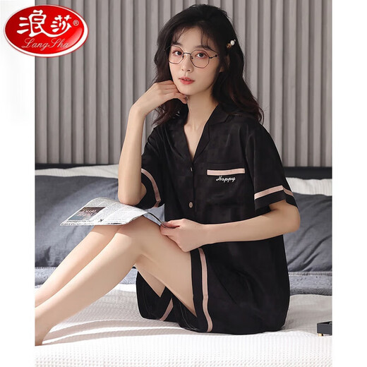 浪莎（LangSha）冰丝睡衣女开衫短袖短裤薄款套装女士夏天丝绸仿真丝家居服 L6212女士 XL (体重：120-140斤)
