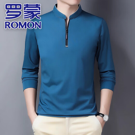 罗蒙（ROMON）长袖t恤男士立领打底上衣2025年秋季新款潮流商务休闲简约Polo衫 6623宝兰 XL 【126-140斤】