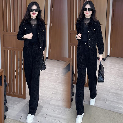 酷章（KUZHANG）时尚运动服套装女2024冬季新款网红小个子短外套阔腿裤两件套 6198#黑色春秋款 M 建议100斤内