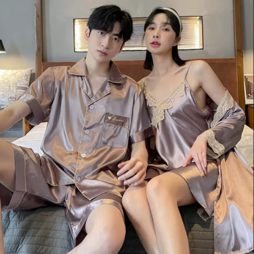 LangSha (LangSha) zodiac year couple pajamas for one man and one woman, ice silk suspenders, summer thin nightdress, nightgown, short-sleeved wedding home clothes, 5050 short-sleeved shorts, bean paste color, 2XL female + male XXL gift box