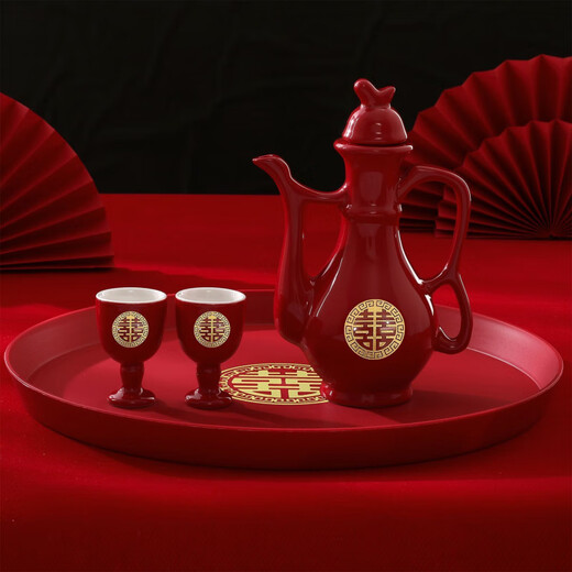 Meikejie Wedding Toast Cup Wedding Banquet Ceramic Wine Pot Chinese Wedding Cup Wine Divider Festive Set Chinese Red Wine Set Gold Bottom Happy 1 Pot + 2 Cups