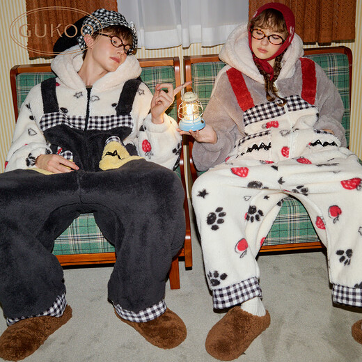 Gukoo couples pajamas winter Snoopy joint new coral velvet warm women's home wear jumpsuit men's pajamas D Yashi white L