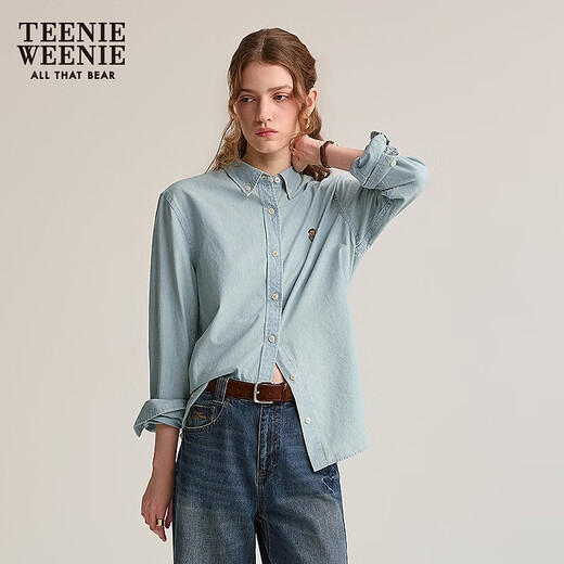 Teenie Weenie小熊女衬衫秋冬时尚舒适宽松学院风刺绣牛仔衬衣上衣 浅蓝色 M