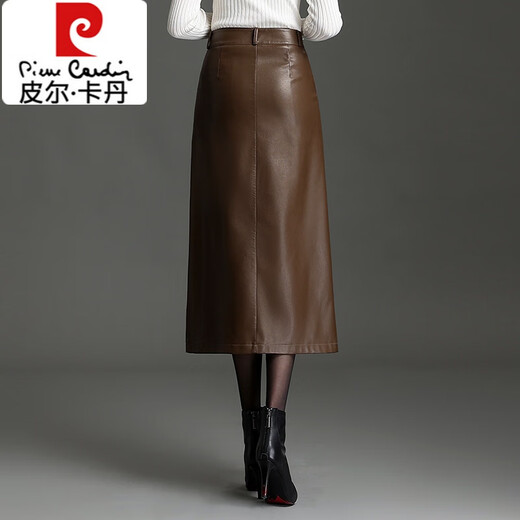 Pierre Cardin 2025 new slit leather skirt hip-covering skirt for women autumn and winter high-waisted slim skirt mid-length temperament one-step skirt brown skirt length 80-82CM 3XL 31/2 feet 4