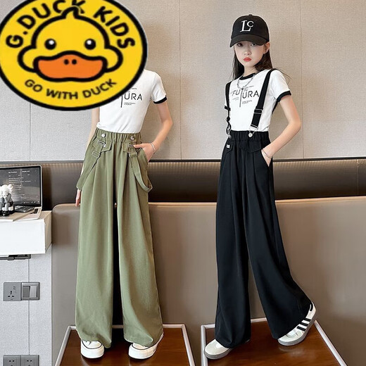 G.DUCKKIDS女童背带裤夏季薄款2025新款女大童夏装套装女孩夏款黑色儿童裤子 黑色套装 170