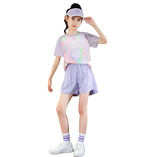 巴拉巴拉儿童速干运动套装女童夏季短袖2025新款短裤跑步服速干衣大童夏装 9889白色+18410紫色 170 cm