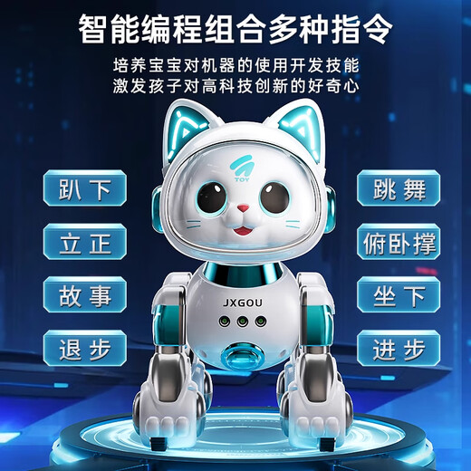翎喏德国高端新款智能机器猫儿童玩具男女孩宝宝电动遥控机器人走路会 冰晶蓝猫升级手势感应智能编程 官方标配