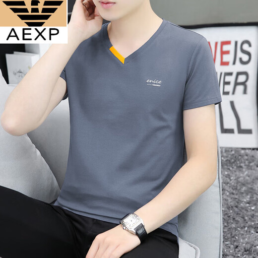 AEXP 7高端品牌夏季新款男士纯棉V领半袖T恤潮流休闲小字母印花鸡心领短 691白色 M 90-100斤