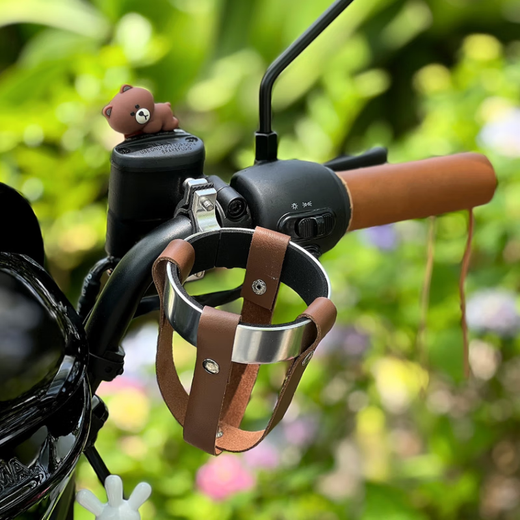 FANCYCHIC electric car water cup holder retro coffee cup holder motorcycle leather modified battery car calf bicycle water bottle holder C buckle silver cup holder + brown belt