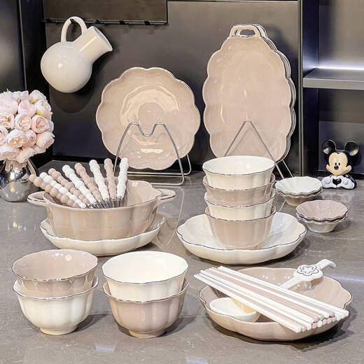 ZNMW感碗碟装家用陶瓷盘子餐具碗盘轻奢米饭碗碗具 描金款4-6人食礼盒装1355