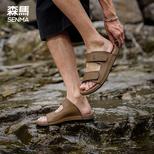 森馬（Senma）时尚休闲户外一字凉拖鞋软底沙滩鞋男515216825 卡其色 42码