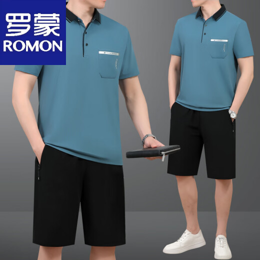 罗蒙夏季款中老年男士爸爸装翻领薄款冰丝短袖短裤宽松运动服套装 691牛仔蓝 L 建议斤----120斤【体恤+裤子】