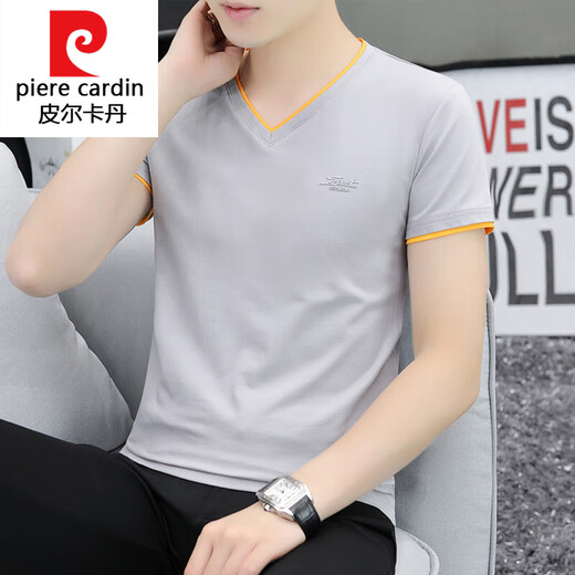 Pierre Cardin трикотажная летняя мужская футболка с короткими рукавами с v-образным вырезом, двухслойный контрастный популярный молодежный топ, простая универсальная рубашка, однотонная, спортивная, белая Q691 M, вес 90-100
