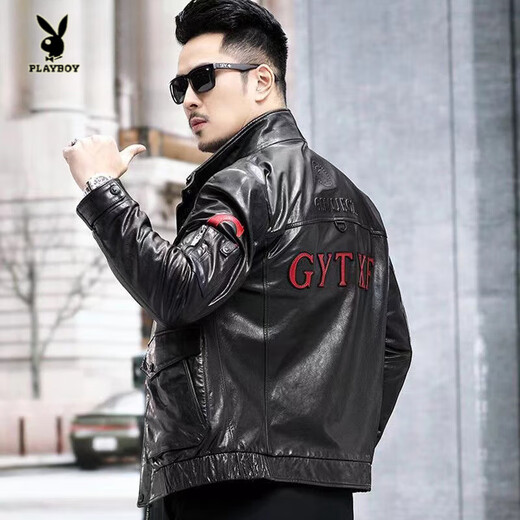 Playboy (PLAYBOY) 2025 New Autumn and Winter Slim Motorcycle Flying Leather Texture Trendy Handsome Jacket Stand Collar Casual Men's Jacket Black - Single Leather L 170 Size - 115-125 Jin Jin is equal to 0.5 kg
