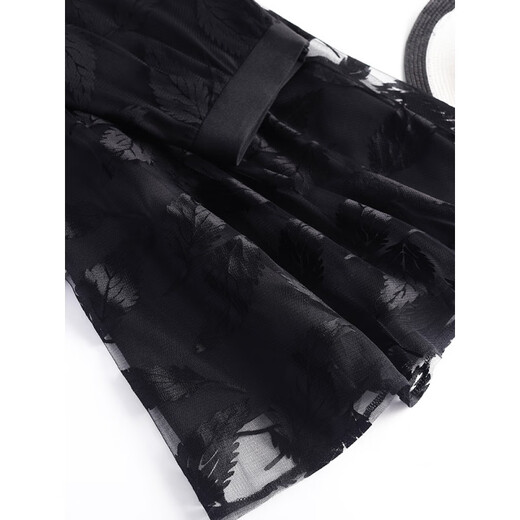 Faleta de malla de malla Zhufan Falda negra Skirt Women Summer A-Lace Falda A-Line Falda A-Line Falda plisada Floja de hojas largas (estilo corto/falda Longitud 57 cm) 9226 M Cintura 2 pies