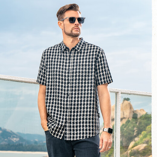 EHANGYTRSV Brand Herren Tennishemd Herren alter Qian -Stil 100% Kurzarm Shirt Houndstrap Sommer Freizeit Dünne Stil Grauer weiße Gitter m