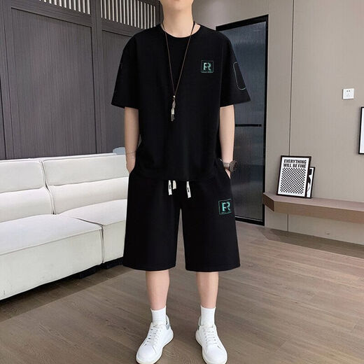 Belle Shangxi 2025 Summer Minage à manches courtes Shorts décontractés Suisse décontractée pour hommes T-shirt de soie de glace pour hommes Pantalon à cinq points Set 829 Black Suit M Recommandé 90-110jin [Jin est égal à 0,5 kg]