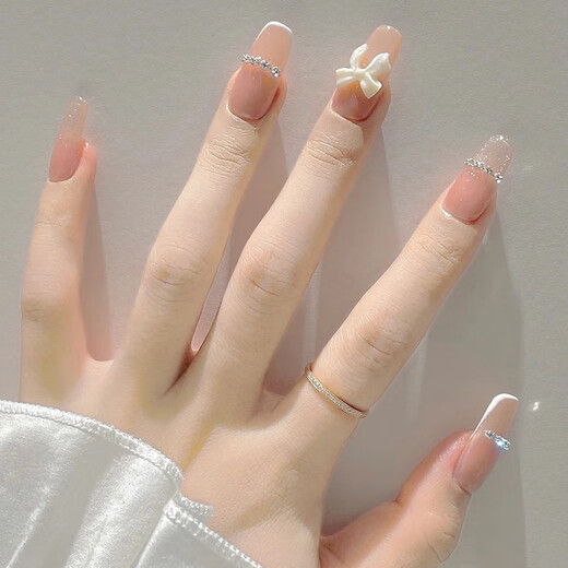 My Seven Days Internet Celebrity Wearing Armor Medium-Length White Bow Diamond Chain Sweet Nail Patch Removable Manicure BY1047 Crystal Purple Butterfly Glue Style