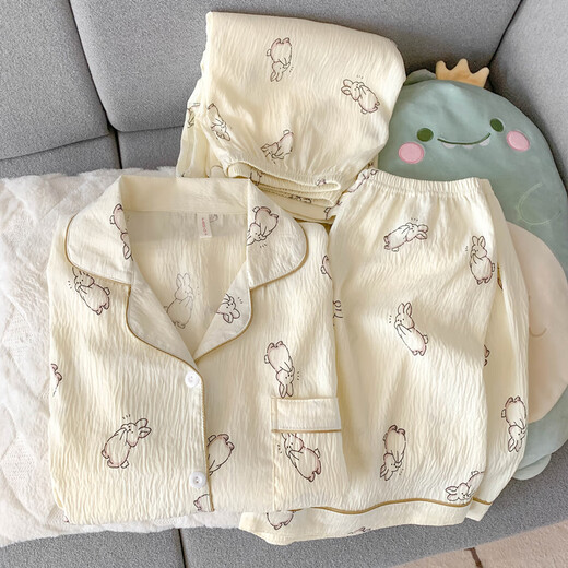 Ji Yafu Crayon Xiaoxin Sommer dreiteiliger Pyjama-Frauen-Kurzarm-Langhose dünne Ins Stil Sommer Baumwollgarn Home Kleidung Yunduo Cotton-J9901# Paradise Welpe Drei-Keugel-Set M [vorgeschlagen 75-100jin [Jin gleich 0,5 kg]]]