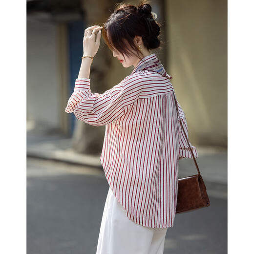 Demana contains natural linen, autumn relaxed prologue lapel striped shirt, hidden flesh petite shirt, women's top
