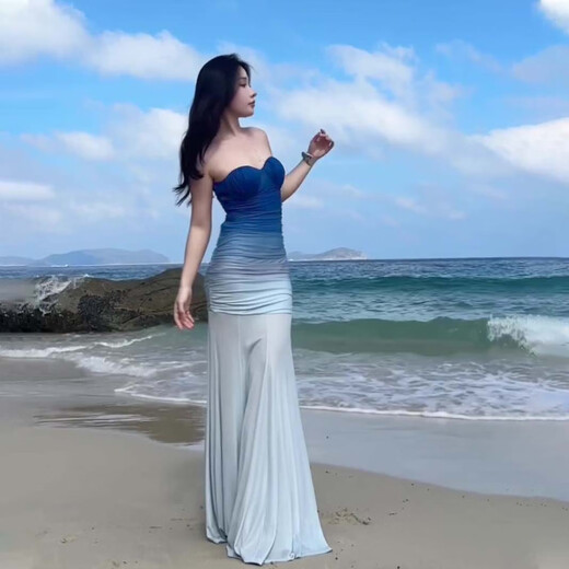 French blue mesh gradient tube top dress in the shimmer for women on seaside vacation, waist-slimming temperament evening dress, fishtail long skirt, gradient tube top dress, blue M