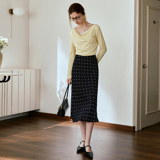 Olrain A-Line Slim Polka Polka Skirt Autumn 2025 New High-Waist Slim Slim Longitud Mid-longitud de longitud de longitud en blanco y negro Polka XL 170/76A/XL